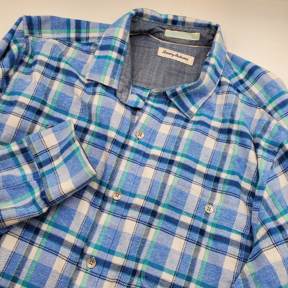 Tommy Bahama Mens XL Blue Green Plaid Cotton Long Sleeve Button Up Shirt Pockets